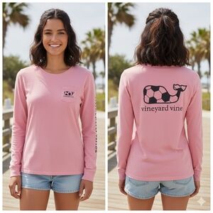 Vineyard Vines Women's Sporty Pink Soccer Whale Graphic Long Sleeve Size S